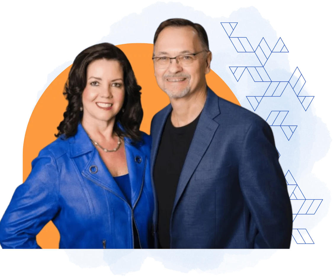 Two professionals standing together, with the woman wearing a blue jacket and the man in a blazer, against a graphic background with blue and orange shapes reminiscent of home.