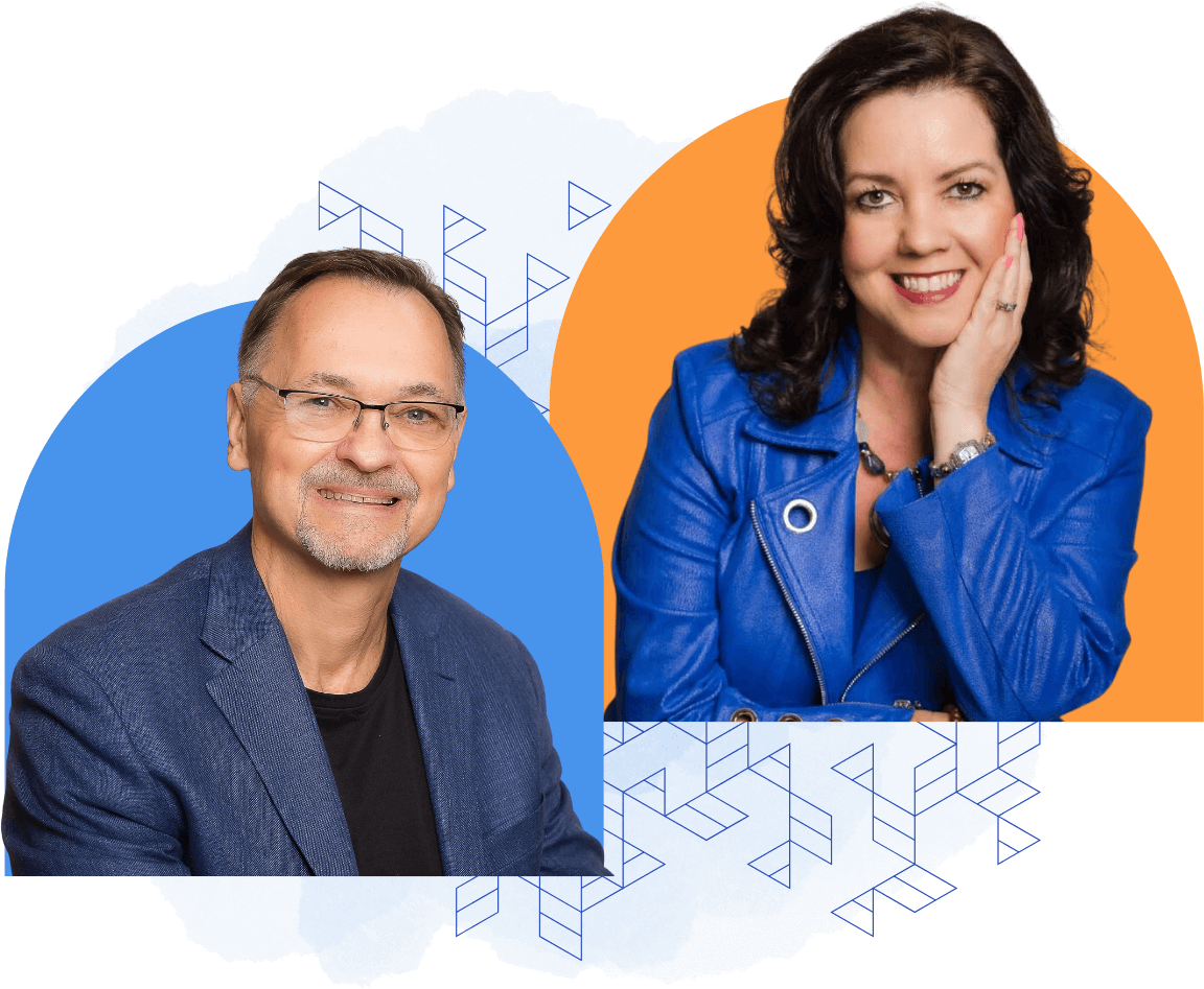 Two smiling professionals superimposed on a graphically designed home background with abstract blue patterns.