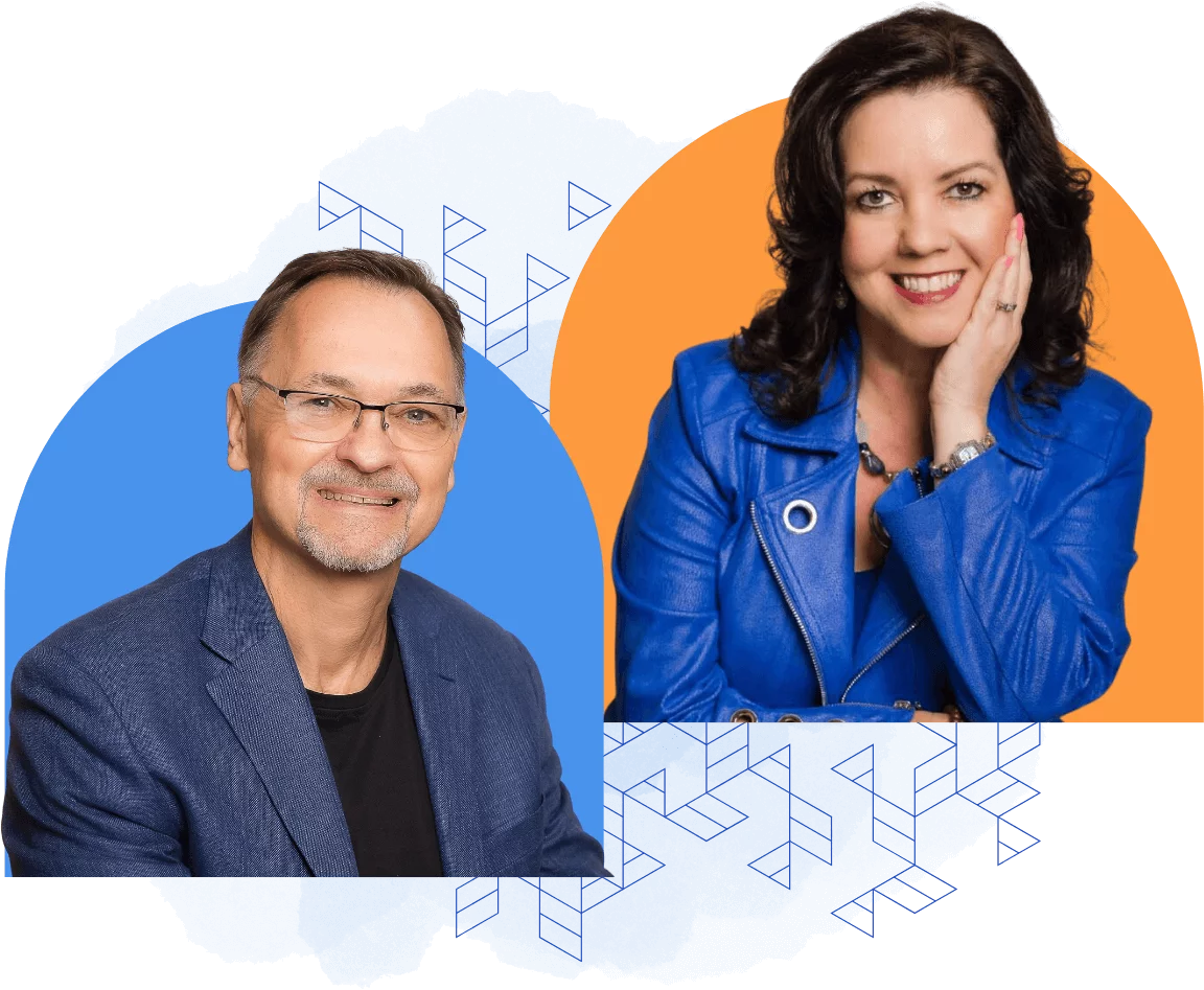 Two smiling professionals superimposed on a graphically designed home background with abstract blue patterns.