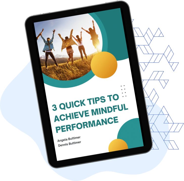 Digital tablet displaying an article titled "3 quick tips to achieve mindful performance" with an image of joyful people in the background.