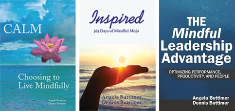 Three book covers: "Calm" featuring a lotus flower and water, "Inspired" with a hand holding the sun over the sea, and "The Mindful Leadership Advantage" with a blue background.