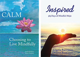 Two book covers with peaceful imagery; the left features a lotus flower with the title "calm" and the right shows a sunrise with the title "inspired.