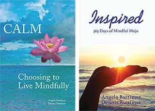 Two book covers with peaceful imagery; the left features a lotus flower with the title "calm" and the right shows a sunrise with the title "inspired.