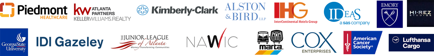 Logos of various organizations, including Piedmont Healthcare, Keller Williams Realty, Kimberly-Clark, Alston & Bird, HGI, IDI Gazeley, NAWIC, Cox Enterprises, American Cancer Society, and others are prominently displayed in the footer of the website.