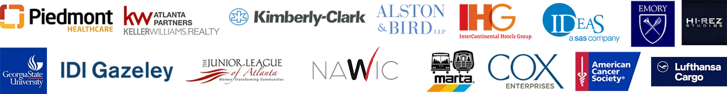 Logos of various organizations, including Piedmont Healthcare, Keller Williams Realty, Kimberly-Clark, Alston & Bird, HGI, IDI Gazeley, NAWIC, Cox Enterprises, American Cancer Society, and others are prominently displayed in the footer of the website.