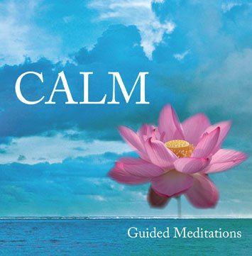 Album cover for "calm guided meditations" available in our store, featuring a large pink lotus flower against a serene blue sky with fluffy clouds.