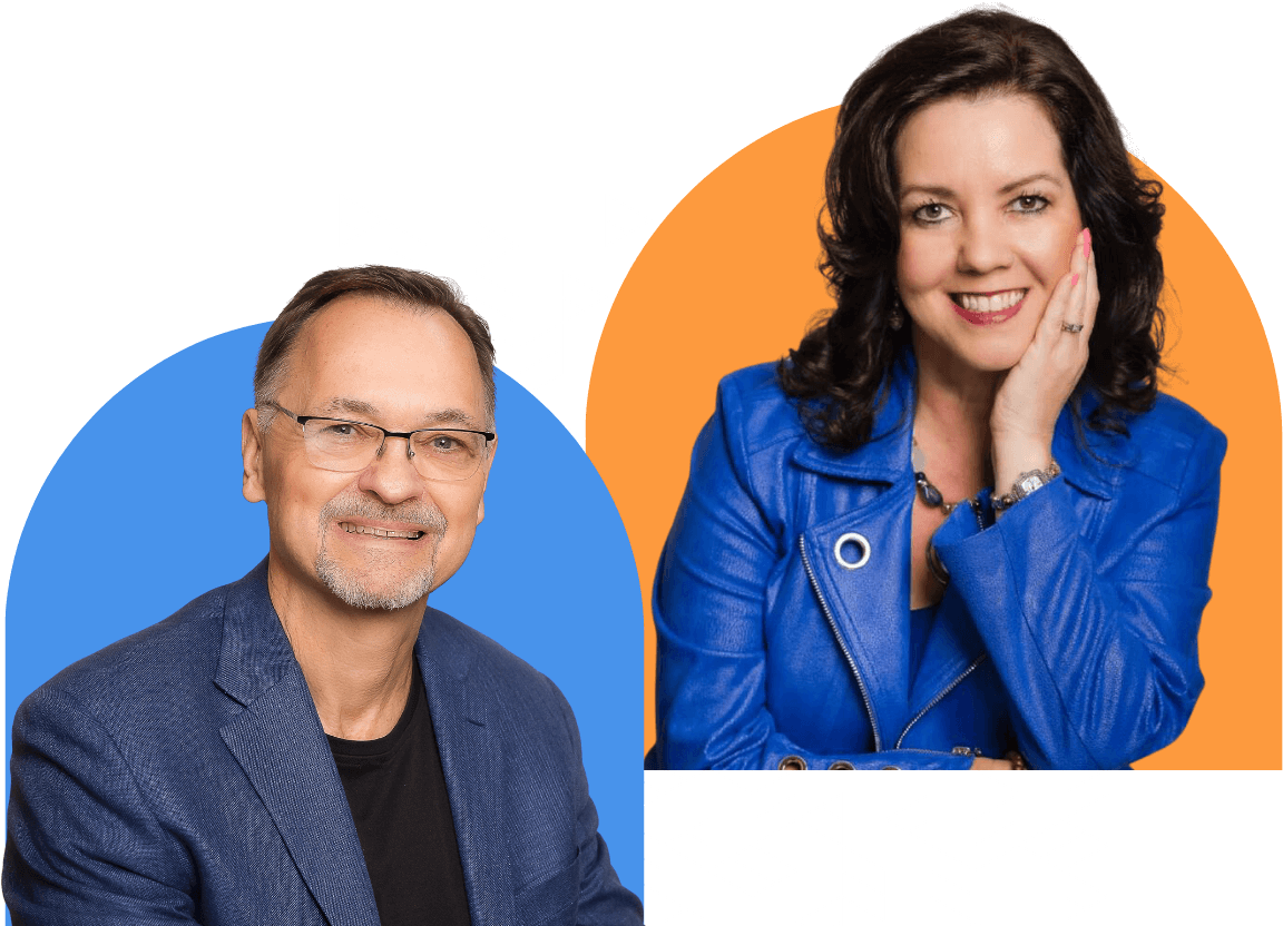 Two smiling professionals, specializing in personal development and life coaching, posing for a promotional image, with graphic elements overlaid.