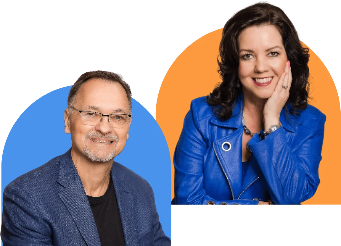 Two smiling professionals, specializing in personal development and life coaching, posing for a promotional image, with graphic elements overlaid.