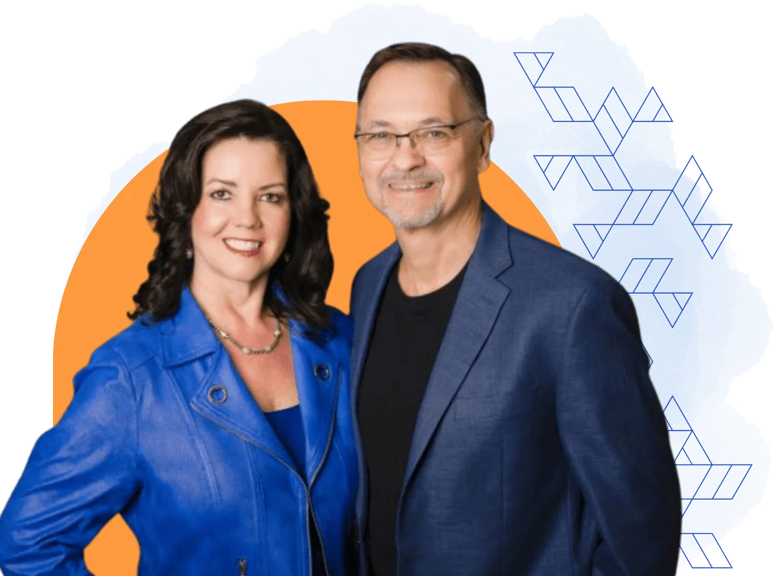 Two professionals specializing in Business Coaching posing together against a background with geometric patterns.