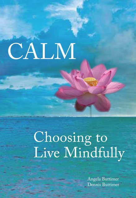 Book cover titled "calm: choosing to live mindfully" available in store, featuring a pink lotus flower floating on serene blue water under a cloudy sky.