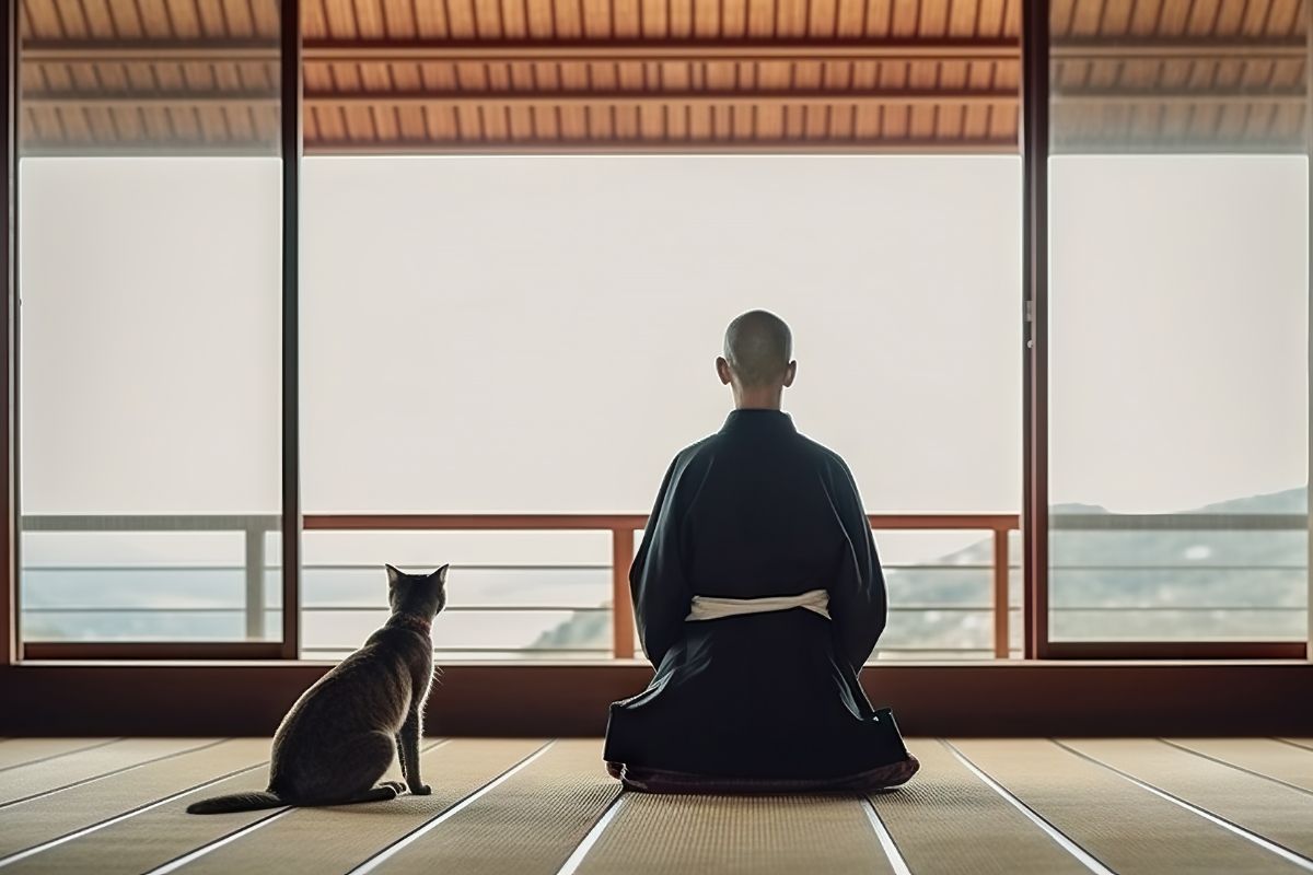 A monk in monk mode wearing a traditional attire and a cat sit side by side, facing a large window overlooking the sea from a tatami-floored room.