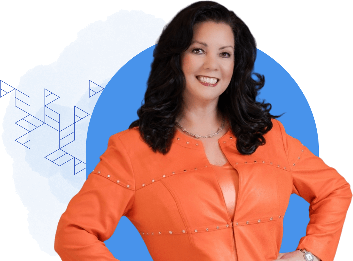 A woman with long dark hair smiles while posing in an orange jacket, perfectly capturing the essence of our "About Us" page. The background showcases a stunning blue geometric design.