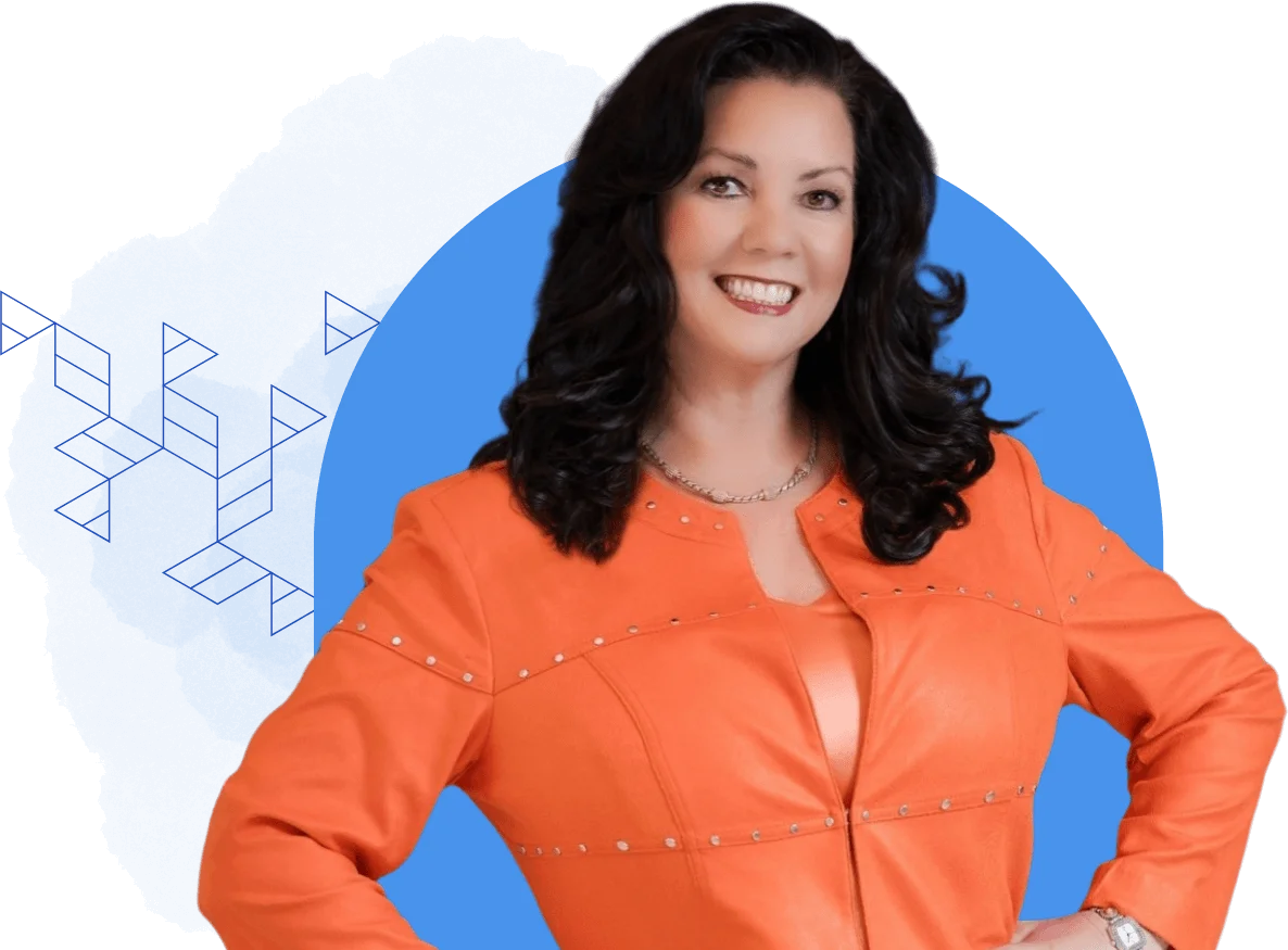 A woman with long dark hair smiles while posing in an orange jacket, perfectly capturing the essence of our "About Us" page. The background showcases a stunning blue geometric design.