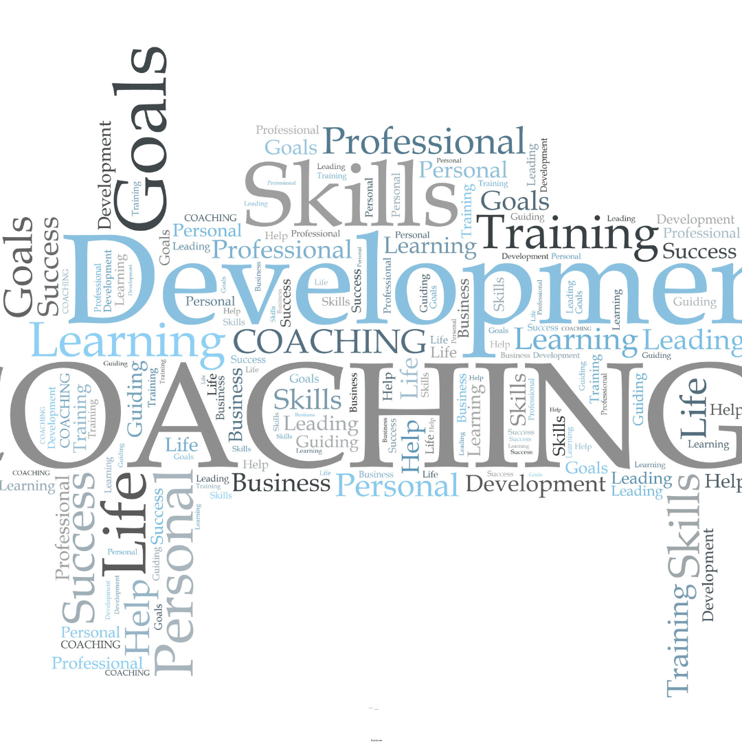 A word cloud with prominent words including Life Coaching, Development, Life, Goals, Skills, Training, Learning, Personal, and Success in various sizes and orientations.