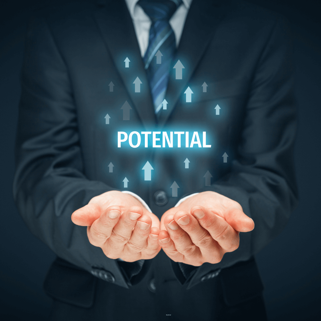 A person in a suit holds their hands open beneath the word "POTENTIAL," with upward-pointing arrows, embodying the essence of entrepreneurial coaching.