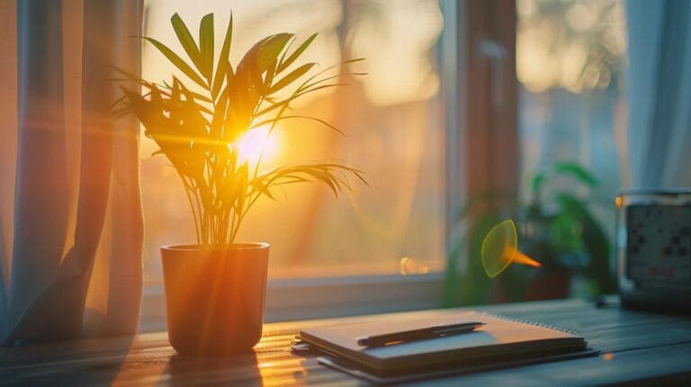 a serene workspace bathed in soft, natural light, featuring a tranquil plant and an open notebook, symbolizes the contrast between mindful productivity and traditional approaches to effectiveness.