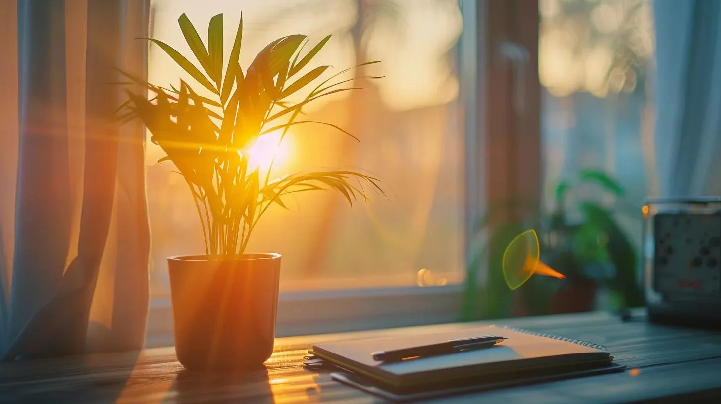 a serene workspace bathed in soft, natural light, featuring a tranquil plant and an open notebook, symbolizes the contrast between mindful productivity and traditional approaches to effectiveness.