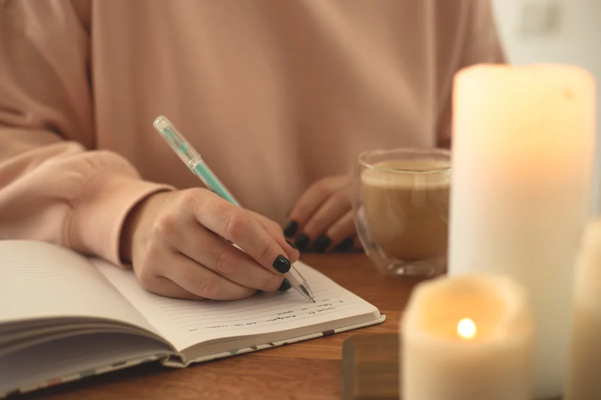 Amidst the warm glow of lit candles, a person embraces mindful productivity while writing in a notebook with a pen. The tranquil setting is enhanced by the comforting aroma of coffee, turning the wooden table into a serene space for focused creativity.