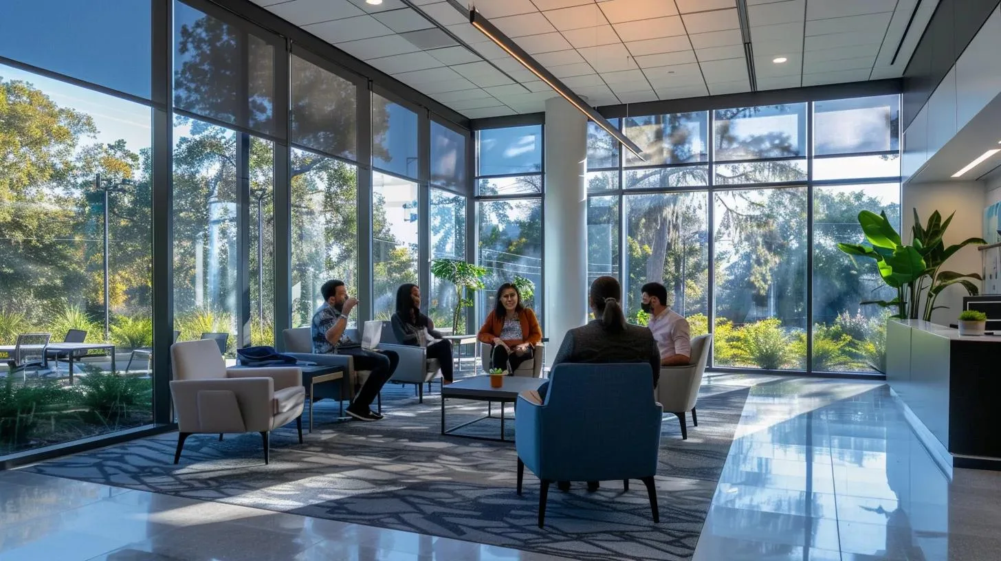 a serene office environment showcases a leader engaging thoughtfully with employees, illuminated by soft natural light that enhances the atmosphere of collaboration and mindfulness.