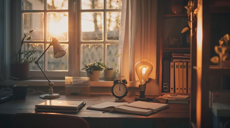 a serene workspace bathed in warm, natural light, featuring an organized desk with a beautifully arranged planner and a tranquil clock, symbolizing mastery over time management and enhanced efficiency.