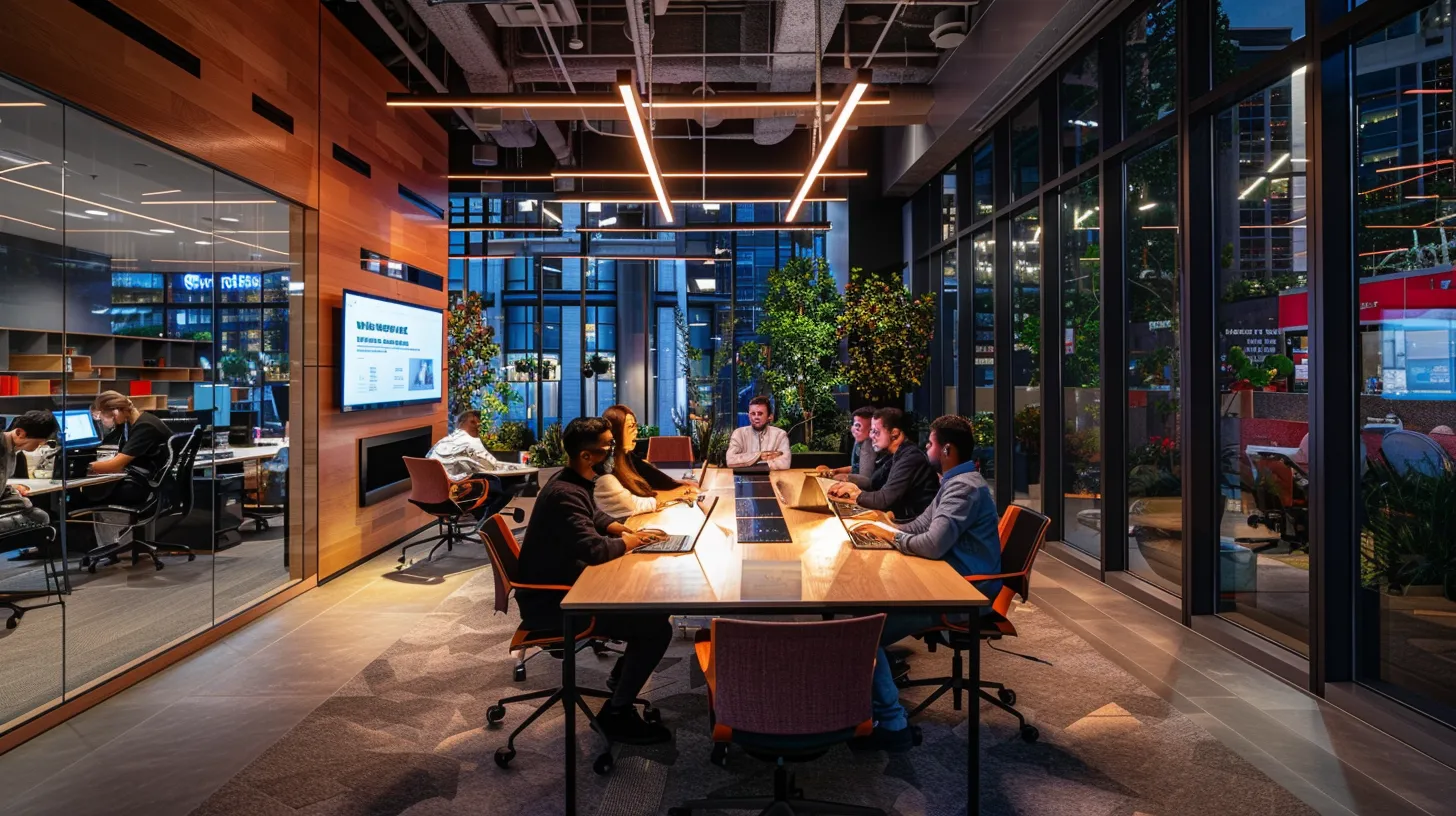 A group of people collaborates at a conference table in a modern glass-walled office, with overhead lighting and a screen displaying Metasync data.