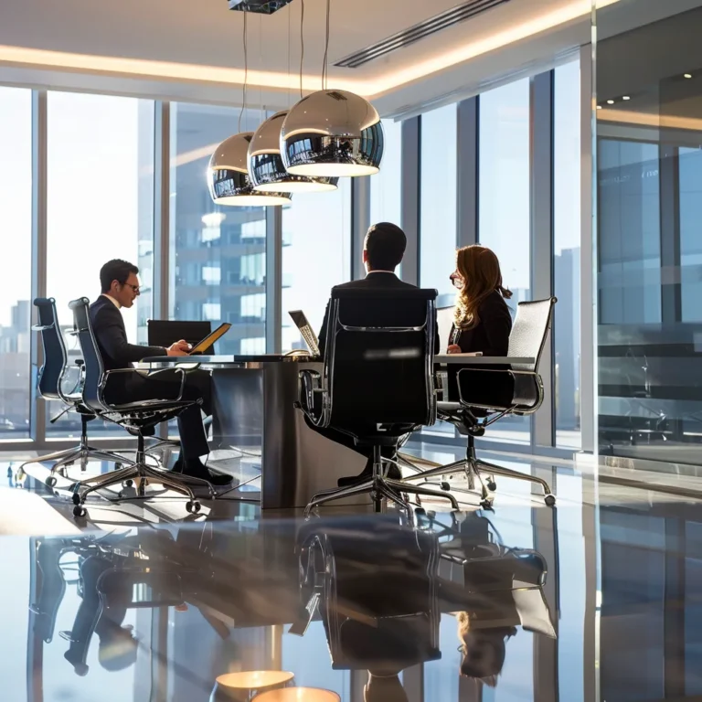 a sleek, modern office space features an engaged executive confidently discussing strategies around a polished conference table, illuminated by sophisticated overhead lighting that emphasizes the dynamic exchange of leadership ideas.