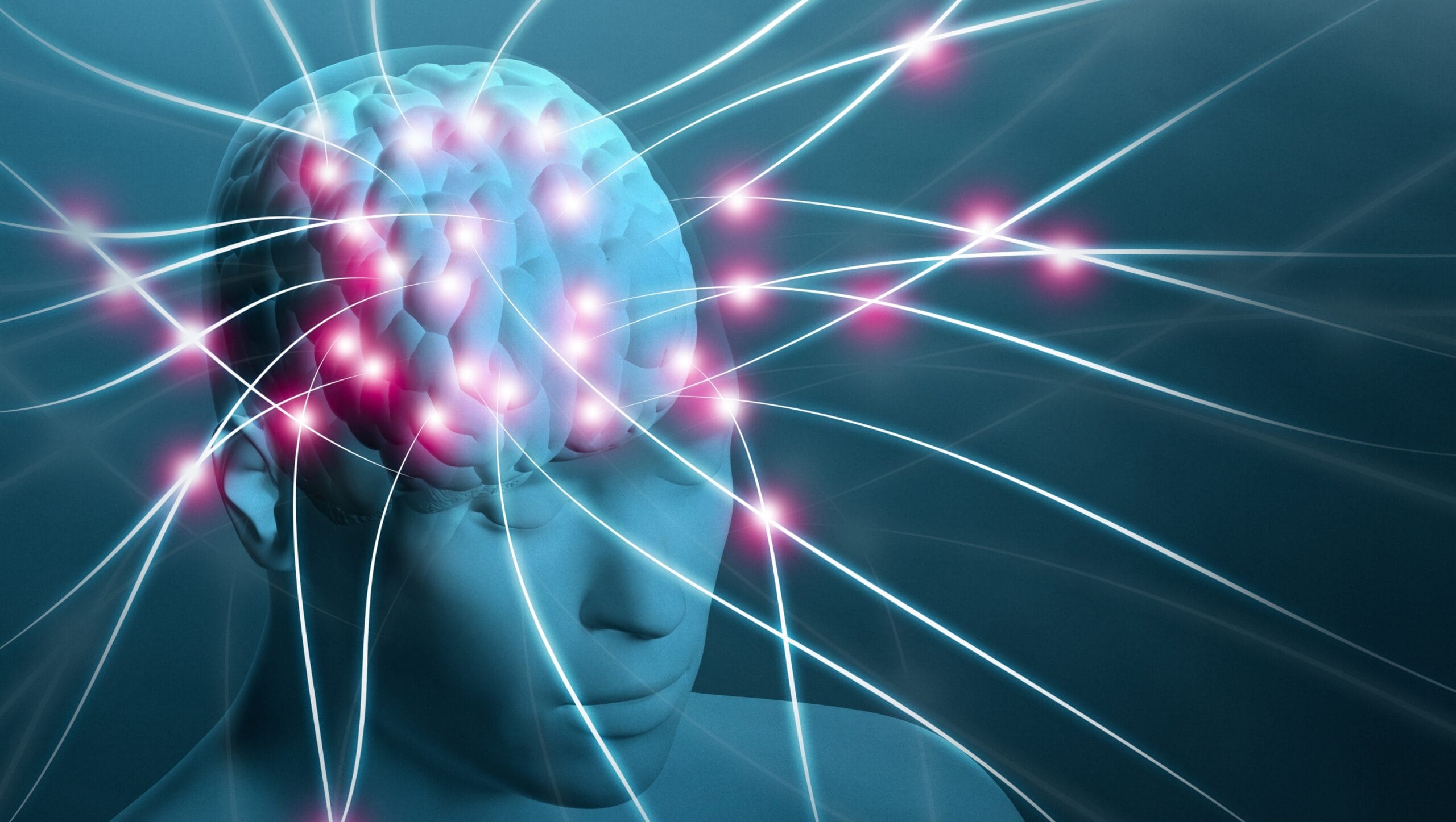Digital illustration of a human head with glowing neural pathways and bright points, representing brain activity, neural connections, and the principles of Mind-Body Psychotherapy.