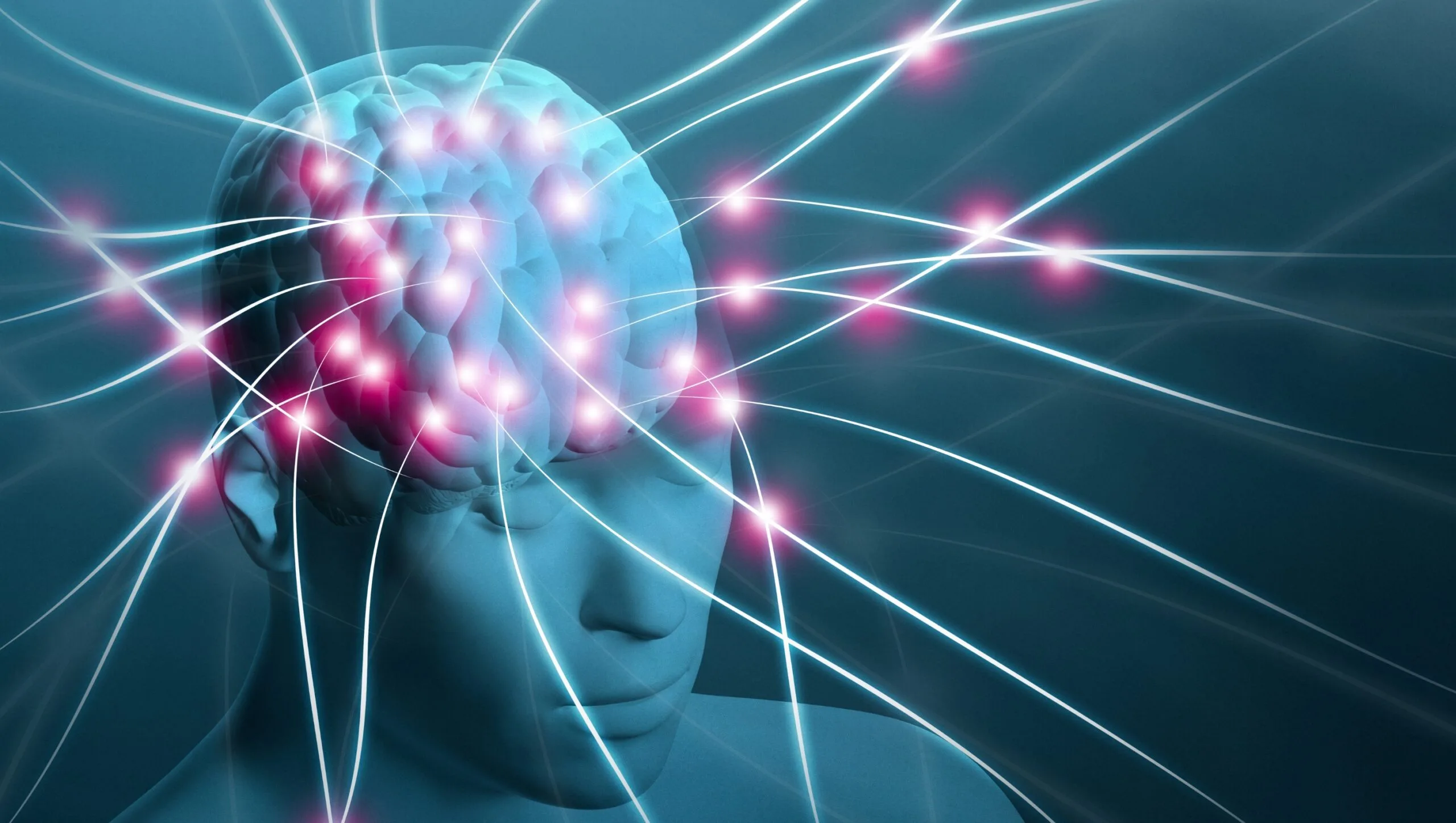 Digital illustration of a human head with glowing neural pathways and bright points, representing brain activity, neural connections, and the principles of Mind-Body Psychotherapy.