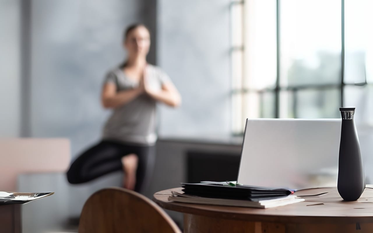 A blurred person practices yoga in tree pose in the background, while a laptop, water bottle, and papers—tools for productivity and focus—sit on a round table in the foreground near a window.