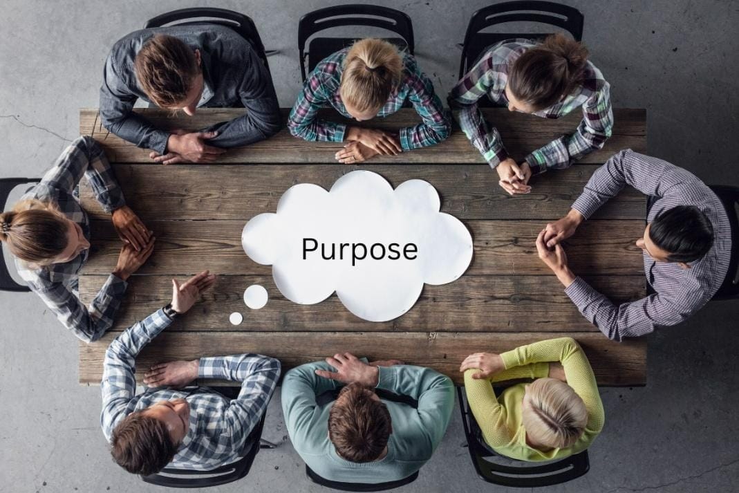 Seven people sit around a wooden table, viewed from above, looking at a paper thought bubble in the center with the word "Purpose" written on it.