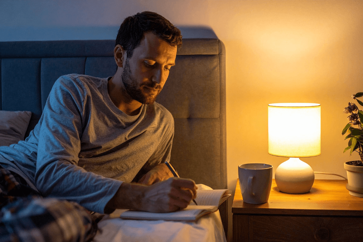 A man sits on a bed writing in a notebook next to a lit bedside lamp, a mug, and a potted plant on a nightstand, reflecting on mindful leadership and resilience.