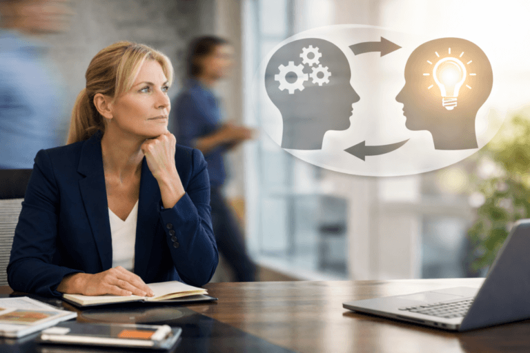 A woman in business attire sits at a desk with a notebook, looking thoughtful. A graphic of two heads with gears and a lightbulb appears beside her, reflecting mindful leadership and idea exchange.