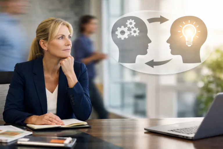 A woman in business attire sits at a desk with a notebook, looking thoughtful. A graphic of two heads with gears and a lightbulb appears beside her, reflecting mindful leadership and idea exchange.