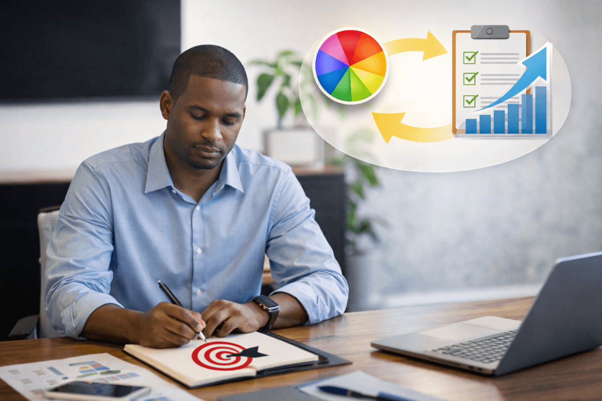 A man writes in a notebook with a target symbol, while a bubble shows a color wheel, checklist, and an upward graph connected by arrows, illustrating how small shifts in mindful leadership can drive planning and goal setting.