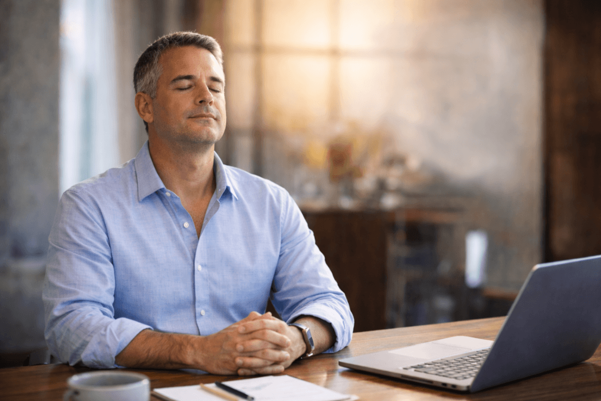 A man in a blue shirt sits at a desk with a laptop, eyes closed and hands clasped, embodying mindful leadership as he takes a moment of calm or meditation.