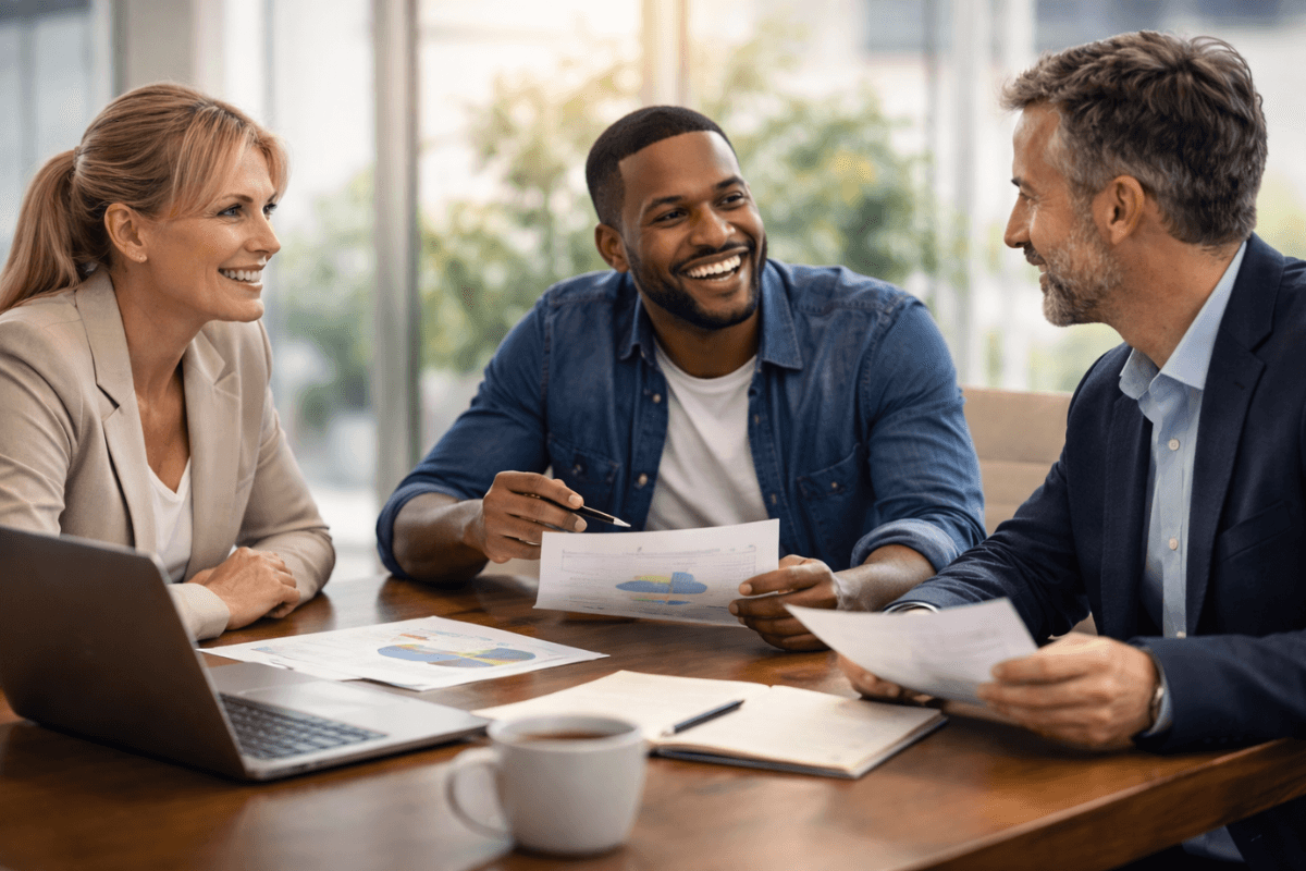 Three people sit at a table with documents, a laptop, and a coffee cup, engaged in a business meeting and discussing charts as they explore how mindful leadership and small shifts can create lasting leadership impact.