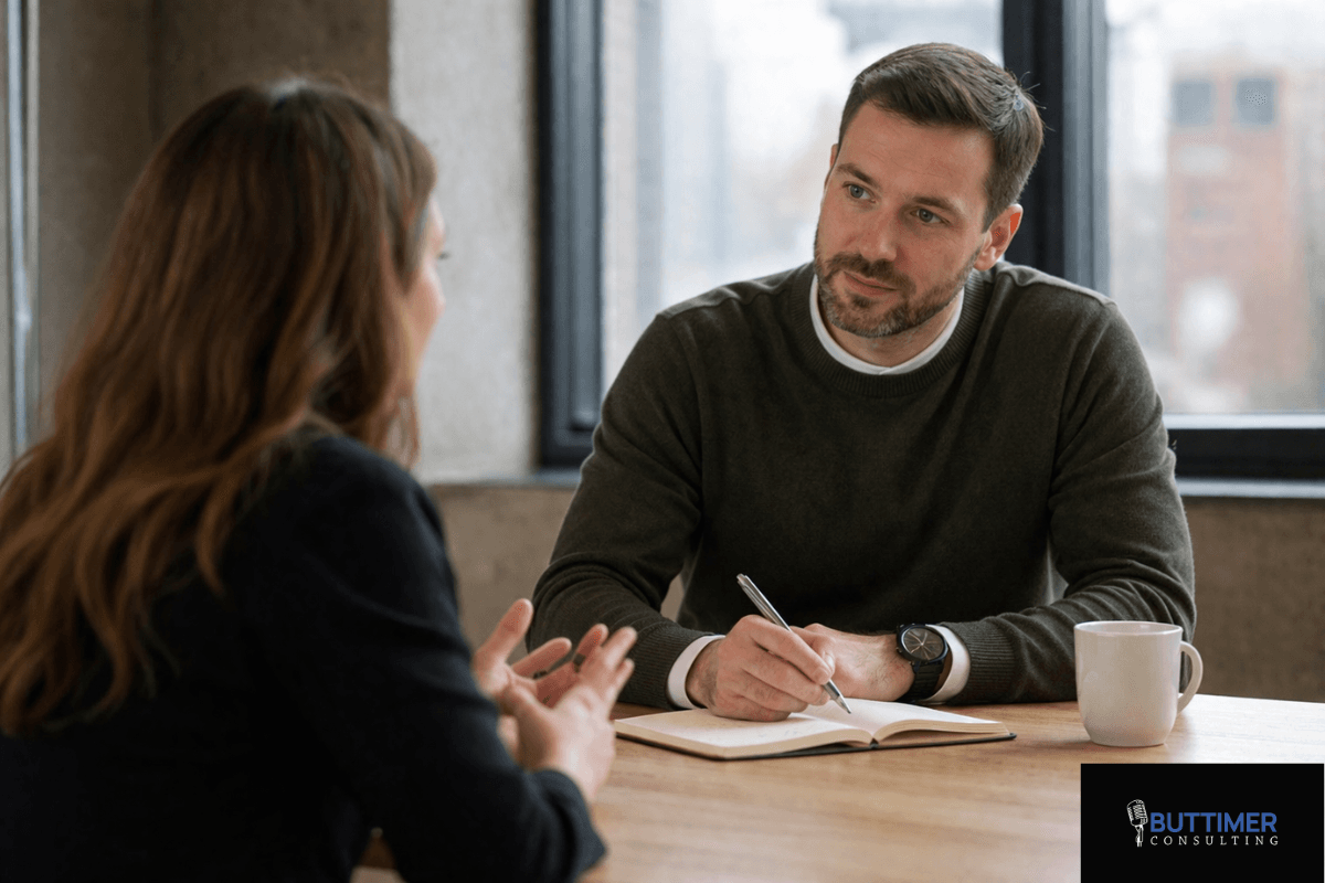 A man with a notebook listens to a woman during a meeting at a table, reflecting balance and accountability, with a coffee mug and the Buttimer Consulting logo visible.