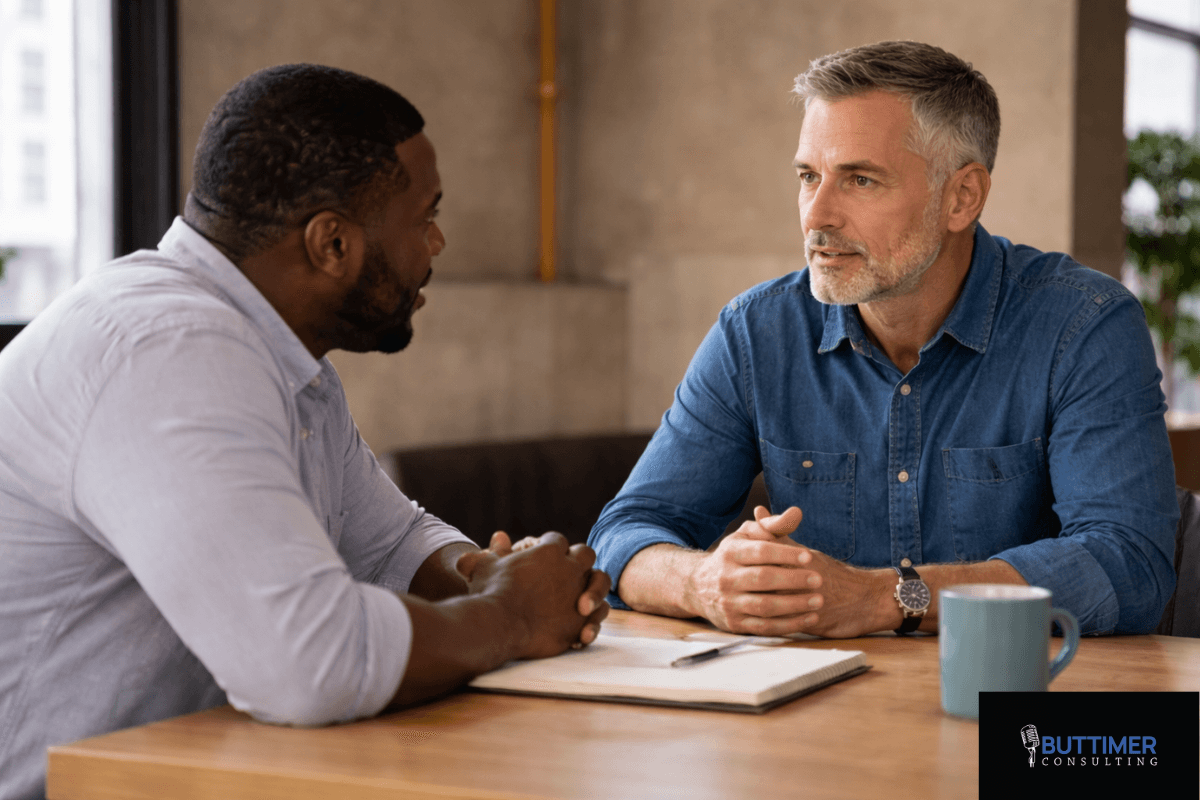 Two men sit at a table having a serious conversation about accountability, with a notebook and pen between them; a logo for Buttimer Consulting appears in the lower right corner.