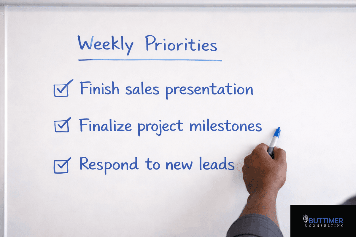 A person writes on a whiteboard titled "Weekly Priorities," using accountability to track three tasks: finish sales presentation, finalize project milestones, and respond to new leads.