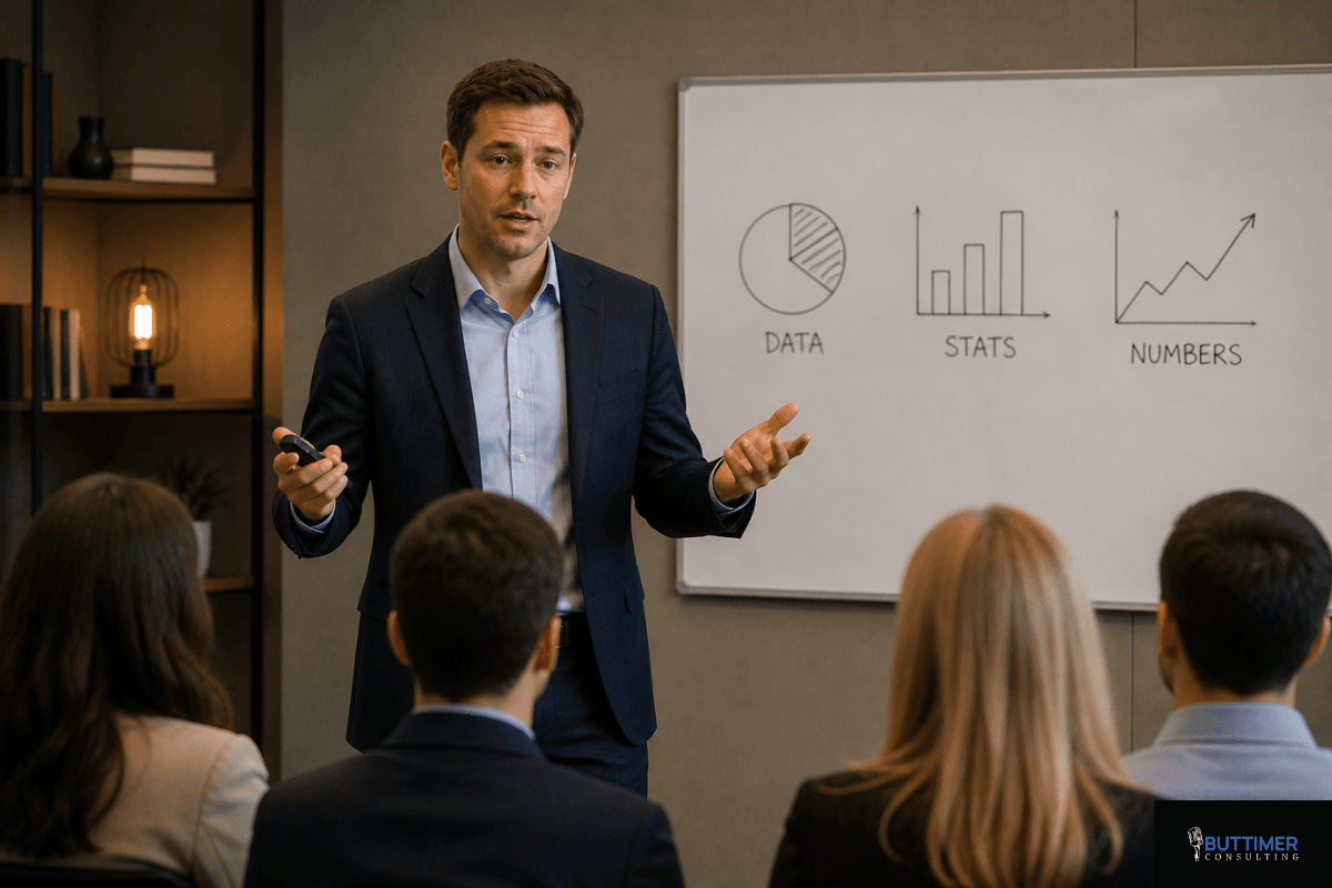 A man in a suit gives a presentation to four people; behind him, a whiteboard shows graphs labeled "DATA," "STATS," and "NUMBERS," highlighting leadership and how to elevate your voice amid speaking challenges.