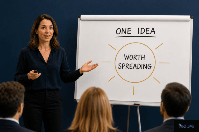 A woman demonstrates leadership as she gives a presentation to an audience, standing next to a flip chart that reads "ONE IDEA WORTH SPREADING" with lines radiating from the words.
