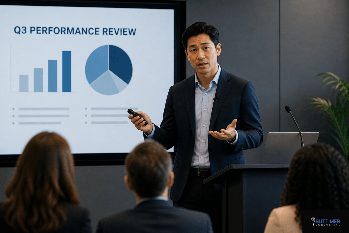 A man in a suit demonstrates leadership as he presents quarterly performance review charts, confidently addressing public speaking challenges before an audience in a conference room.