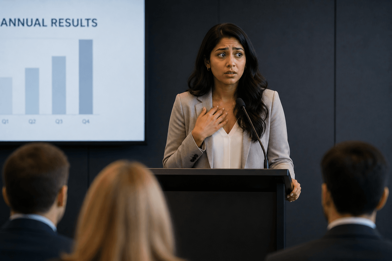 A woman demonstrates leadership as she stands at a podium, engaging in public speaking with an audience while a projected chart labeled "Annual Results" is displayed in the background.