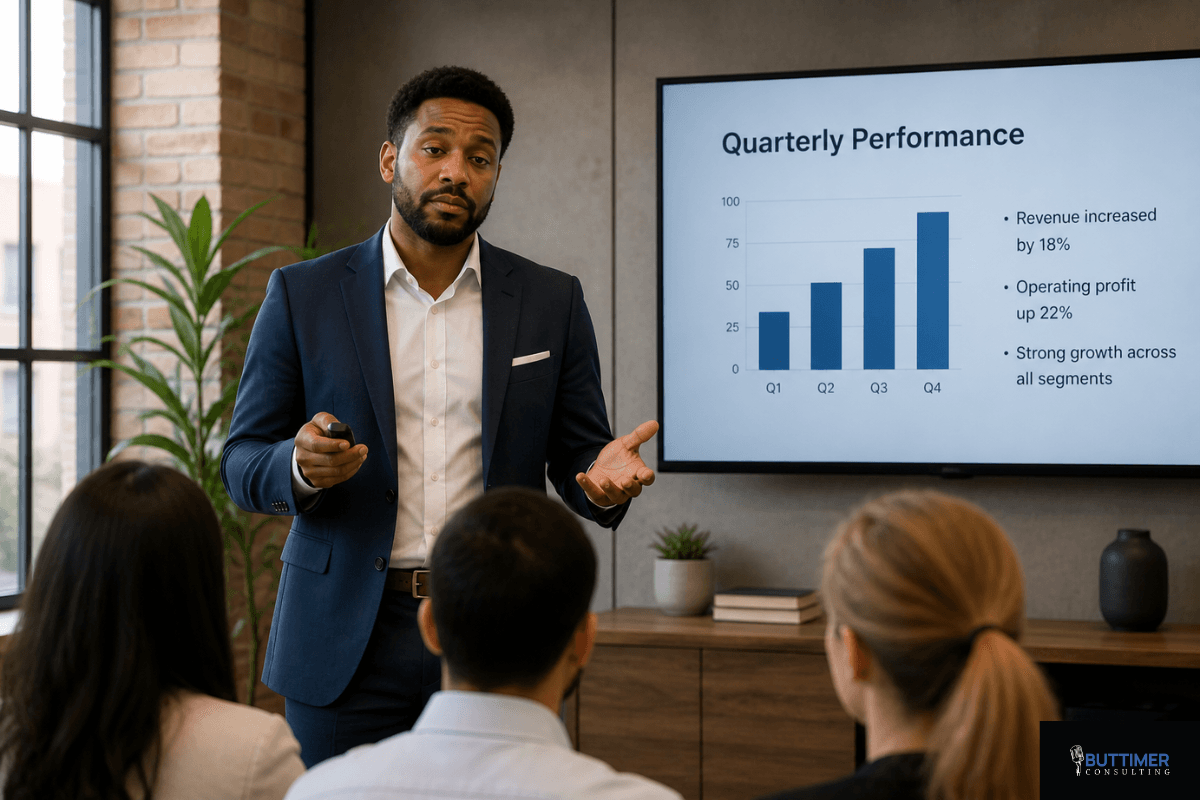 A man in a suit gives a business presentation to leaders, with a screen displaying a bar chart of quarterly performance growth and key statistics, helping elevate your voice amid speaking challenges.