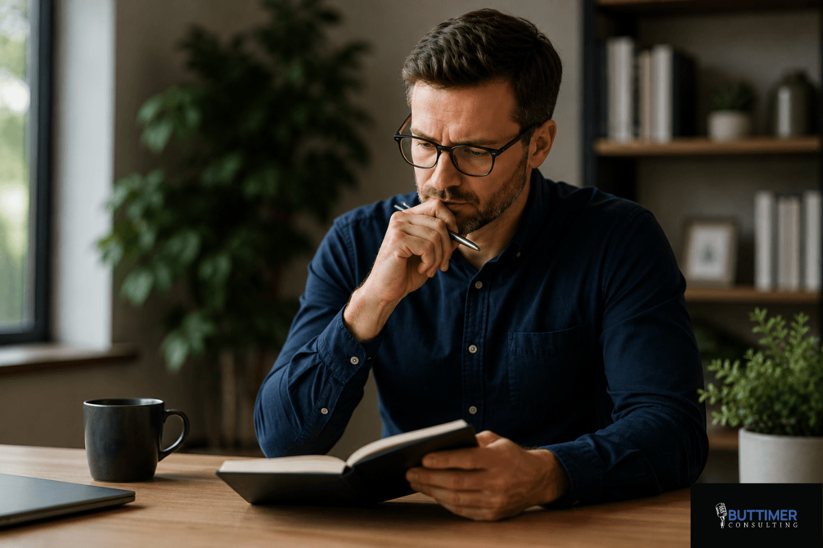Business professional improving communication skills by reviewing notes to better connect with people and deliver clear messages.