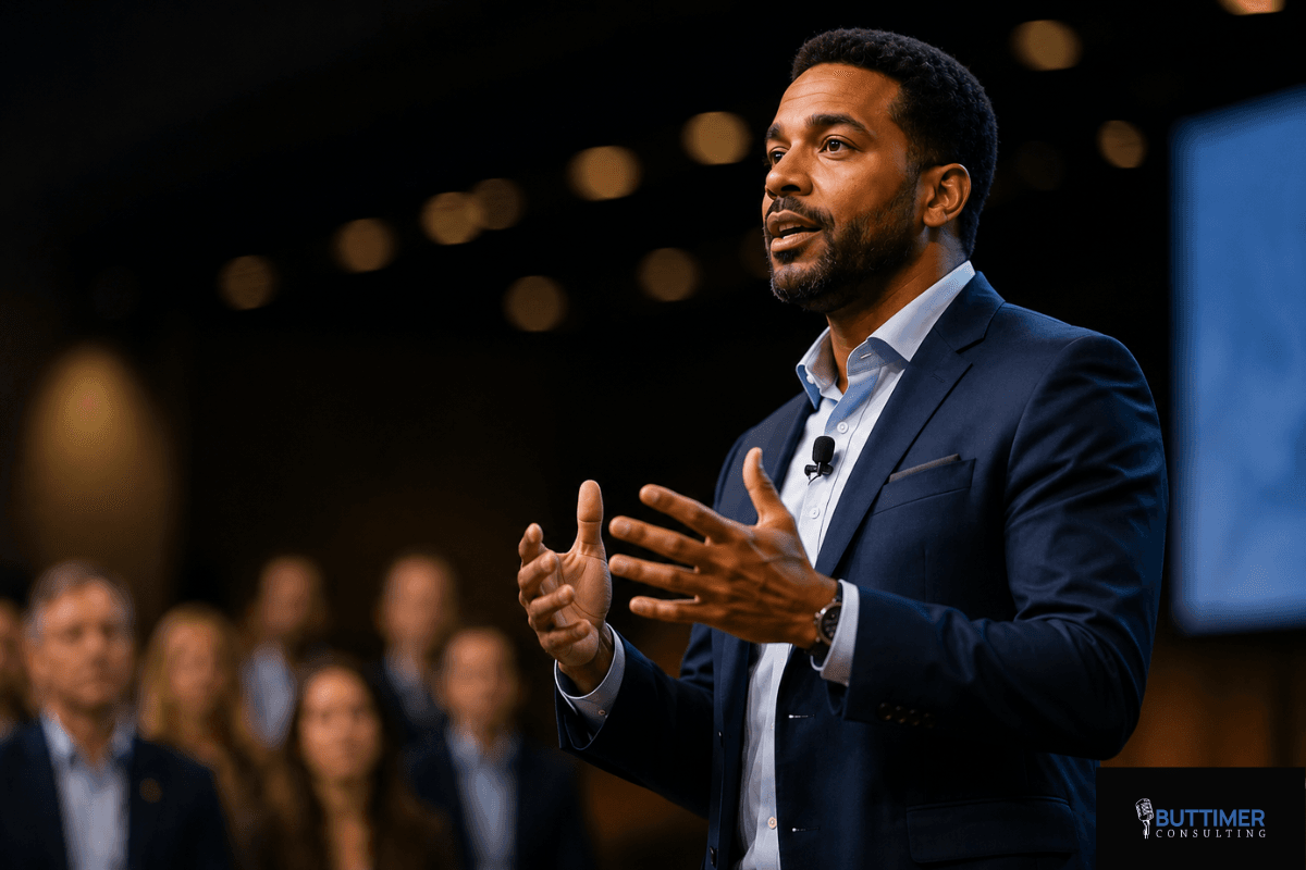 Confident keynote speaker using strong communication techniques to inspire and engage people during a leadership presentation.