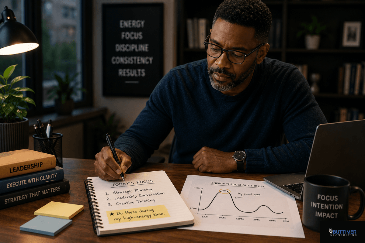 Executive with ADHD organizing strategic priorities around energy, focus, and high-performance leadership.