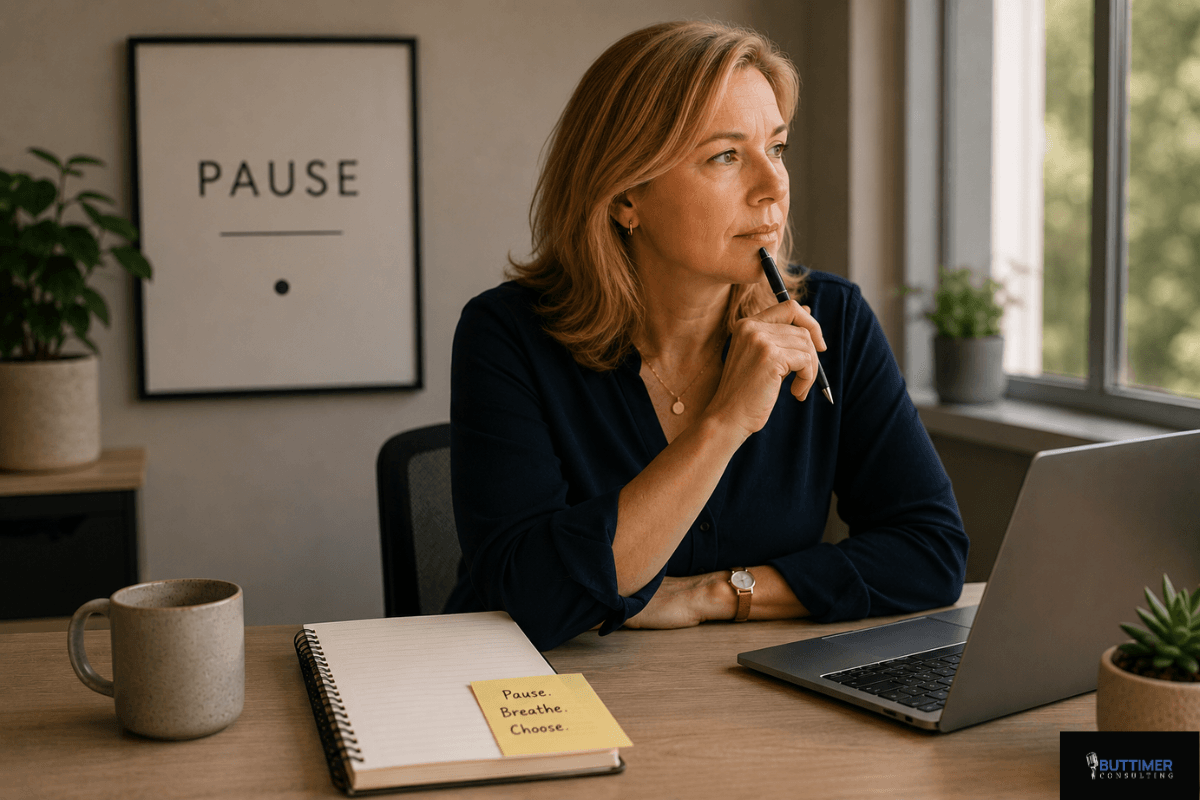 Woman executive with ADHD pausing to reflect and regulate focus before making an important leadership decision.