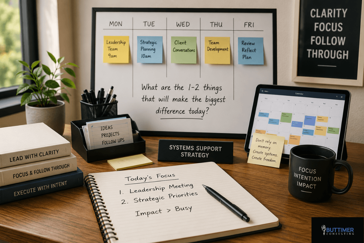 ADHD executive planning system with weekly priorities, focus notebook, calendar, and leadership strategy tools.