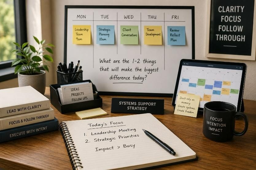 ADHD executive planning system with weekly priorities, focus notebook, calendar, and leadership strategy tools.